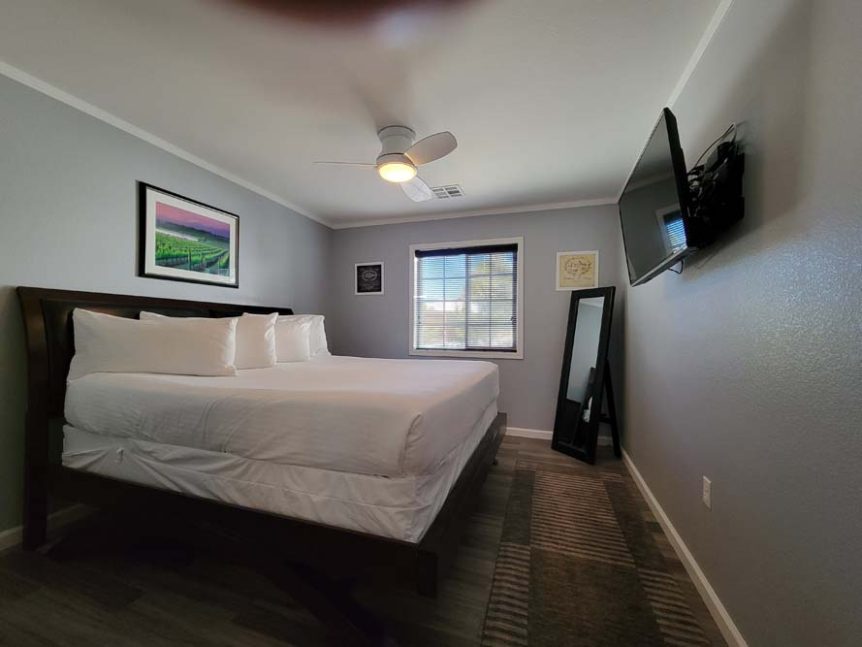 Cozy bedroom inside Wine Ridge Resort's 2-bedroom Casita.